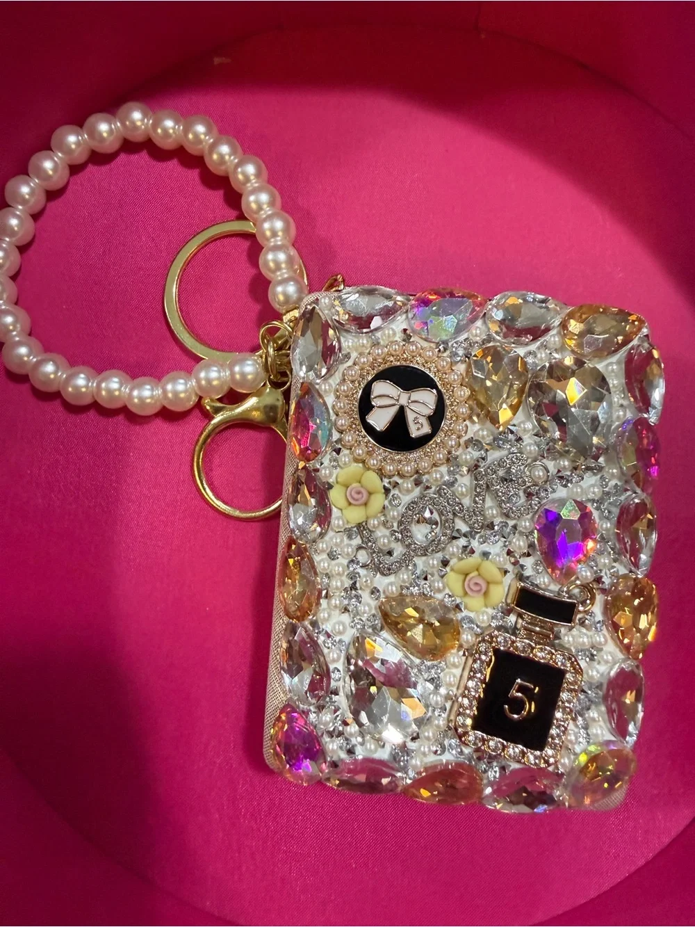 Bejeweled Pearl Wristlet Phone Case - Pink Mirror